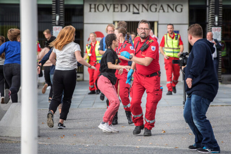 Masseskade scenario i sentrum av Jessheim, en del av nasjonalt ambulansemesterskap 2018 arrangert av EMS Norway p Ullensaker. © Fredrik Naumann/Felix Features