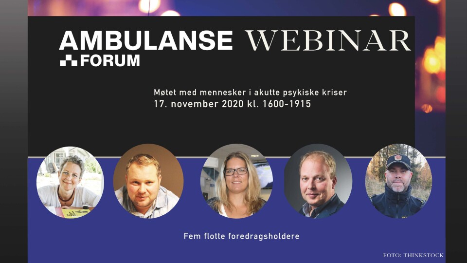 På webinaret om møtet med mennesker i akutte psykiske kriser. Foredragsholdere (f.v.) Anne Kristine Bergem, Stein Ove Raanes, Hege Topstad, Fredrik A. Walby og Jon Eirik Prytz.
