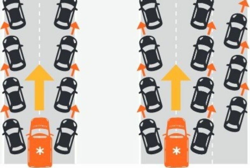 På en tofelts vei skal du gi plass til ambulanse og redningsbiler i midten. På en vei med flere enn to felt, skal nød-korridoren lages nest lengst ut til venstre. Illustrasjon: ETSC