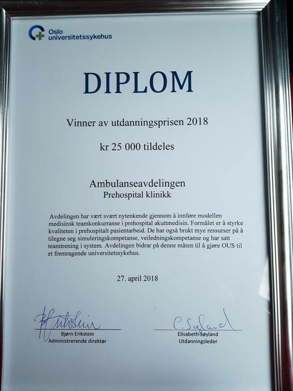 Diplom fra OUS.