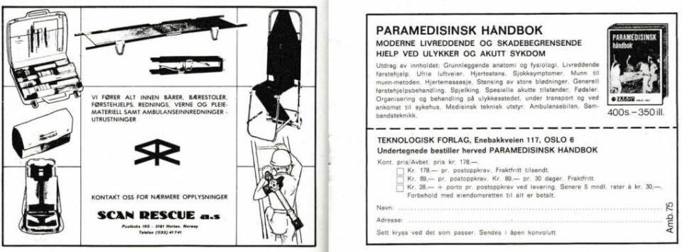 Annonse fra Scan Rescue og for Paramedisinsk håndbok i Ambulanseforum i 1975.