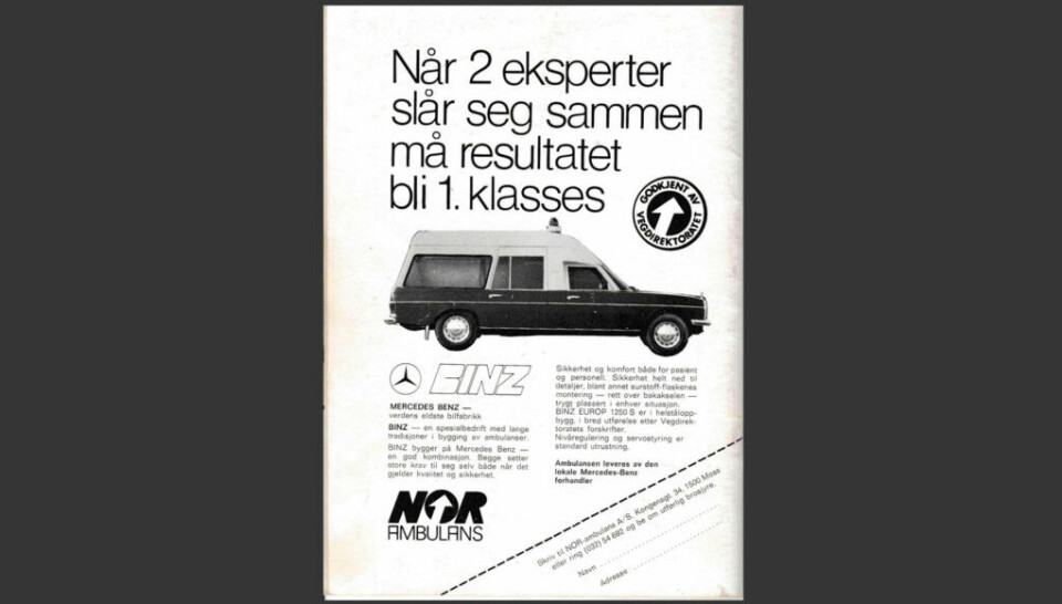 Annonse for Mercedes Benz i Ambulanseforum fra 1975.