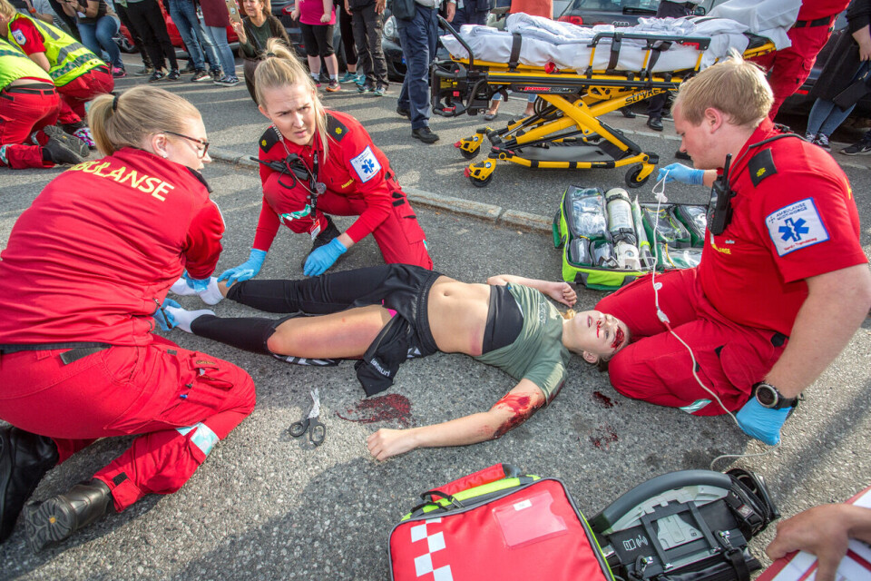 Helse Nord-Trøndelag i aksjon: Masseskadescenario i sentrum av Jessheim, en del av nasjonalt ambulansemesterskap 2018 arrangert av EMS Norway på Ullensaker. © Fredrik Naumann/Felix Features