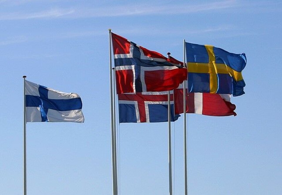 Nordiske flagg: Norge, Sverige, Danmark, Finland og Island.