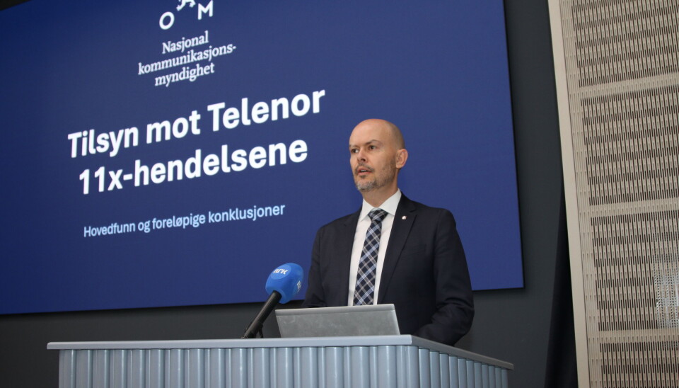 John-Eivind Velure, direktør i Nkom, varsler overtredelsesgebyr mot Telenor etter tilsyn i nødnummersaken.
John-Eivind Velure, direktør i Nkom, varsler overtredelsesgebyr mot Telenor etter tilsyn i nødnummersaken.